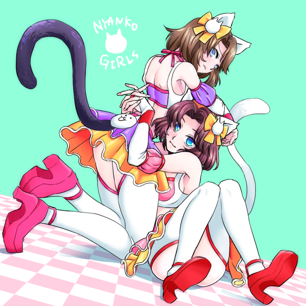 2girls, :3, animal_ears, blue_eyes, bow, bridal_gauntlets, brown_hair, cat_(battle_cats)