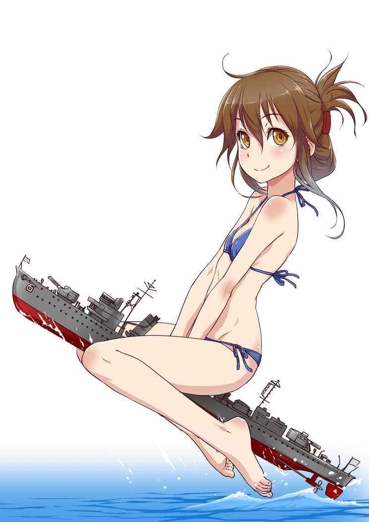 1girl, bare_legs, bare_shoulders, bikini, brown_hair, flat_chest, folded_ponytail, inazuma_(destroyer), inazuma_(kantai_collection), kantai_collection, long_hair, looking_at_viewer, mujuuryoku_kantai, namesake, navel, side-tie_bikini, sitting, smile, solo, swimsuit, water, yellow_eyes