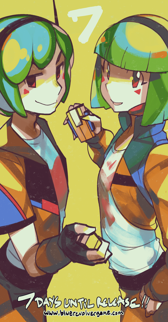 ale_(blue_revolver), blue_revolver, eric_muentes, eyelashes, facial_mark, fingerless_gloves, gloves, green_hair, promotional_art, red_eyes, rum_(blue_revolver), watermark, web_address, yellow_background