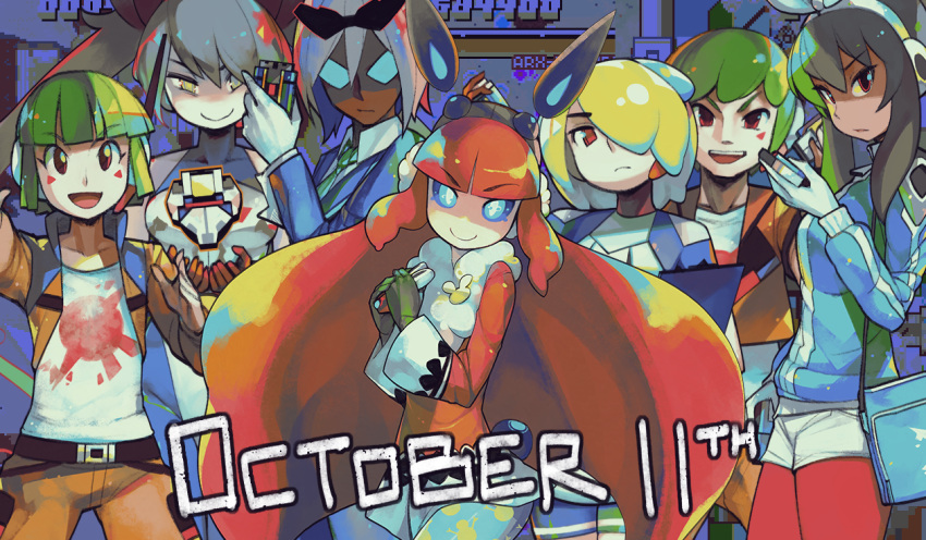 ale_(blue_revolver), bangs, big_hair, blue_eyes, blue_revolver, blunt_bangs, character_request, dee_(blue_revolver), don_(blue_revolver), earmuffs, eric_muentes, hair_over_one_eye, headset, ira_(blue_revolver), jacket, long_hair, mae_(blue_revolver), multiple_boys, multiple_girls, partially_annotated, promotional_art, red_eyes, redhead, rum_(blue_revolver), sidelocks, smile, tagme, valerie_(blue_revolver), very_long_hair