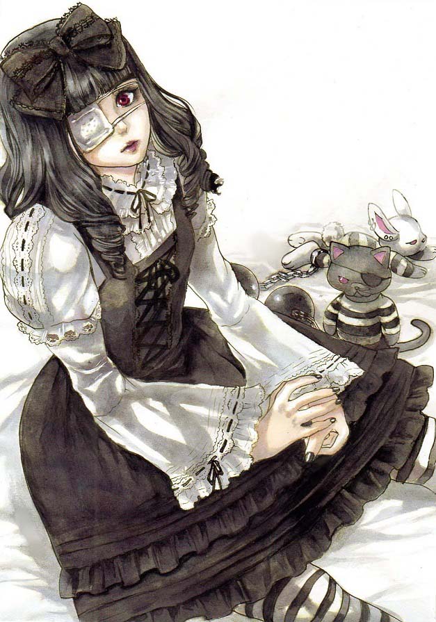 1girl, ball_and_chain_restraint, bandages, black_bow, black_hair, black_nails, black_skirt, bow, cat, earrings, eyepatch, gothic_lolita, jewelry, kitten, lolita_fashion, long_hair, nail_polish, original, rabbit, red_eyes, sitting, skirt, striped, striped_legwear, wakewaka_ran