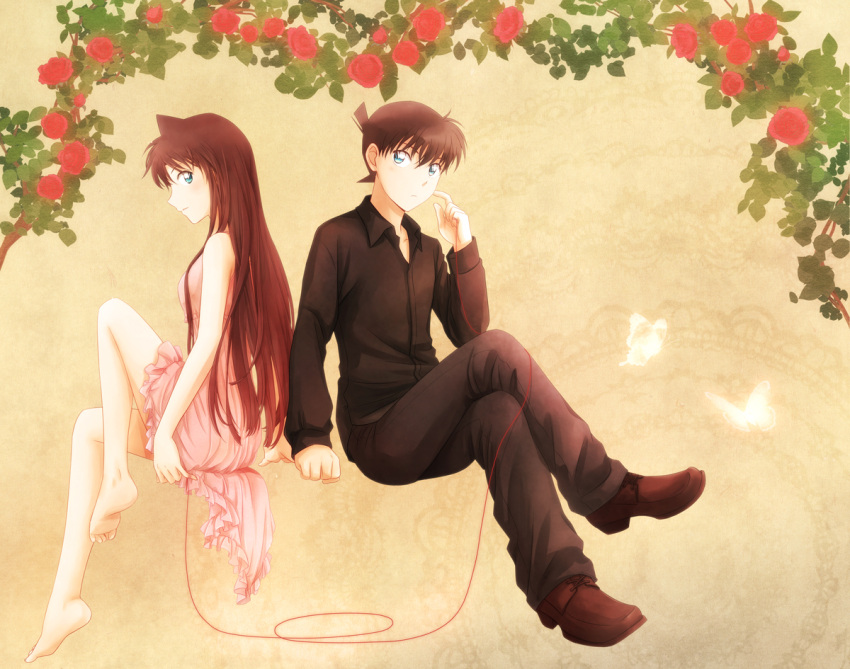 1boy, 1girl, arya_(tianhua), black_shirt, blue_eyes, brown_hair, collarbone, dress, dress_shirt, kudou_shin'ichi, long_hair, meitantei_conan, mouri_ran, pink_hair, red_flower, red_ribbon, ribbon, shirt, short_hair, sitting, sundress