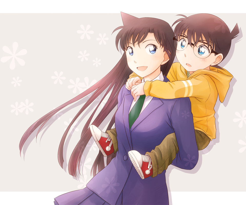 1boy, 1girl, arya_(tianhua), blue_eyes, blue_skirt, brown_hair, edogawa_conan, glasses