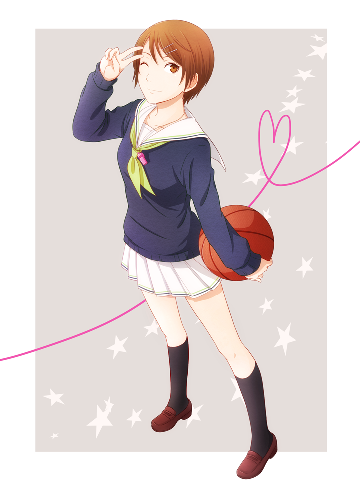 1girl, aida_riko, arya_(tianhua), basketball, black_legwear, brown_eyes, brown_hair, collarbone
