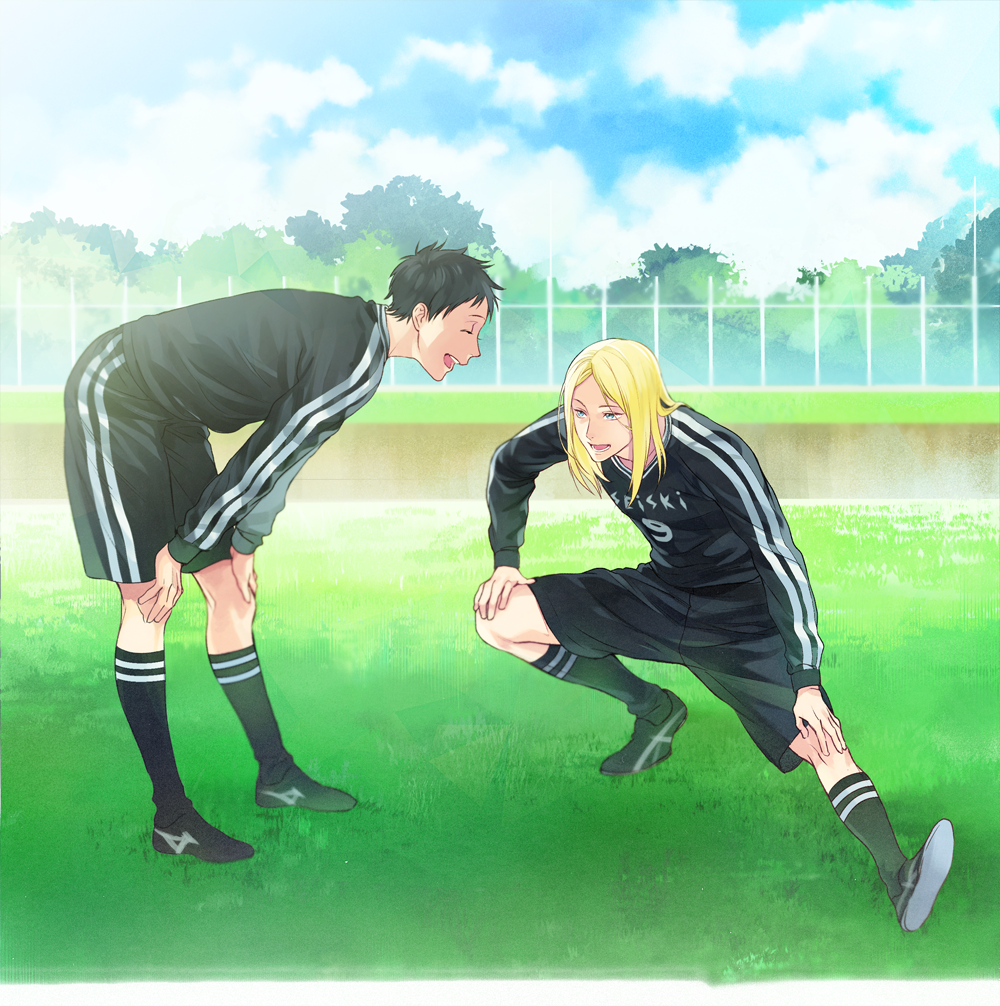2boys, :d, bent_over, black_hair, black_legwear, blonde_hair, blue_eyes, cleats