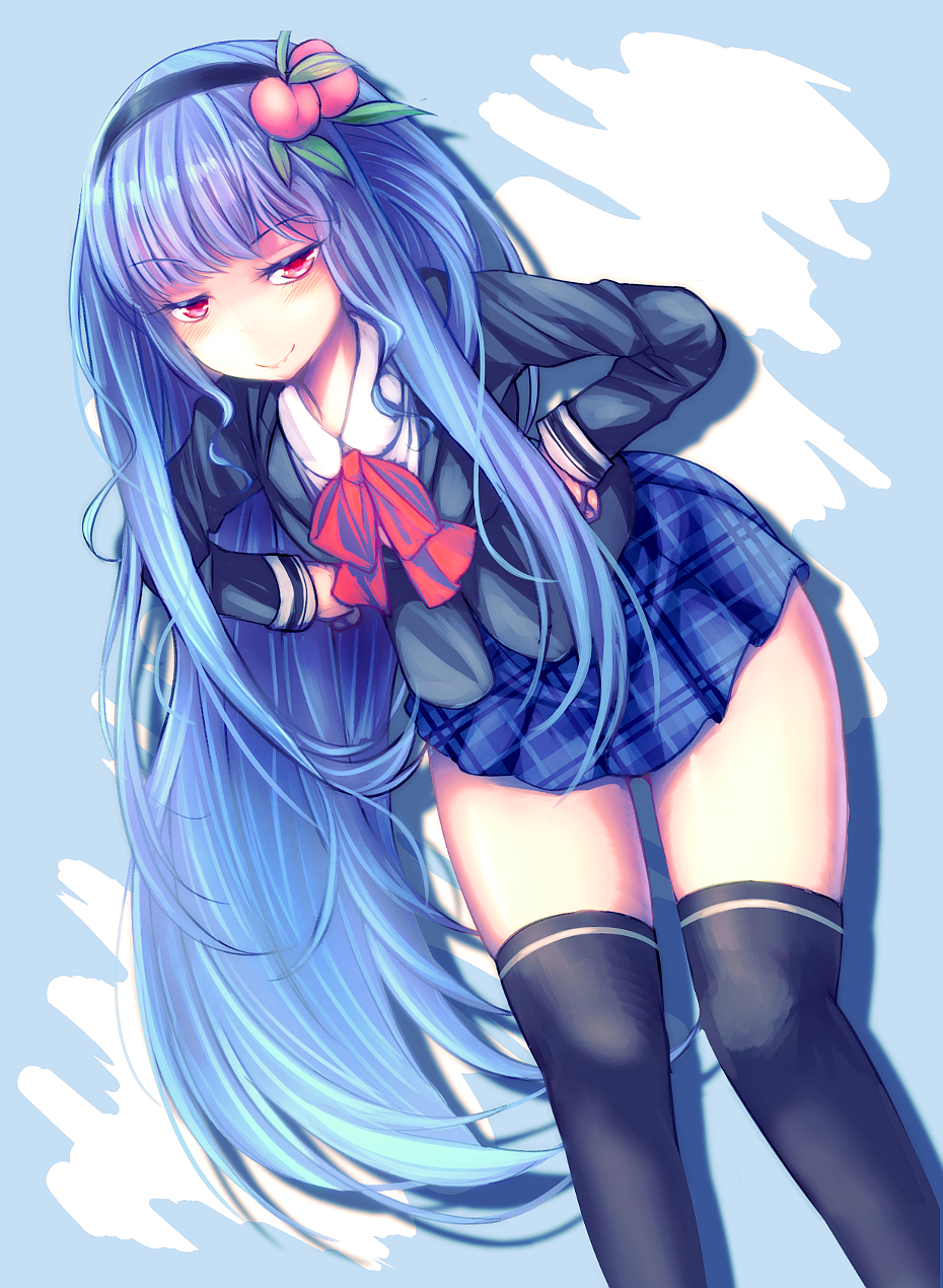 >:), 1girl, bending_forward, blazer, blue_hair, blush, bow, bowtie