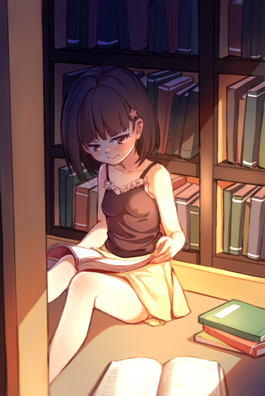 1girl, black_hair, blush, book, bookshelf, brown_eyes, camisole, dianche_miao_(18826)