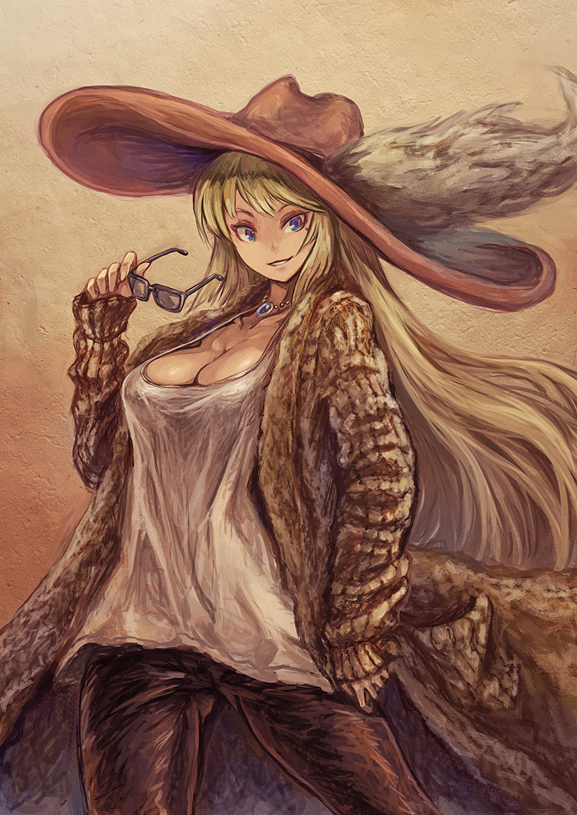 1girl, awilda_(p&amp;d), blonde_hair, breasts, cleavage, coat, collarbone, contemporary