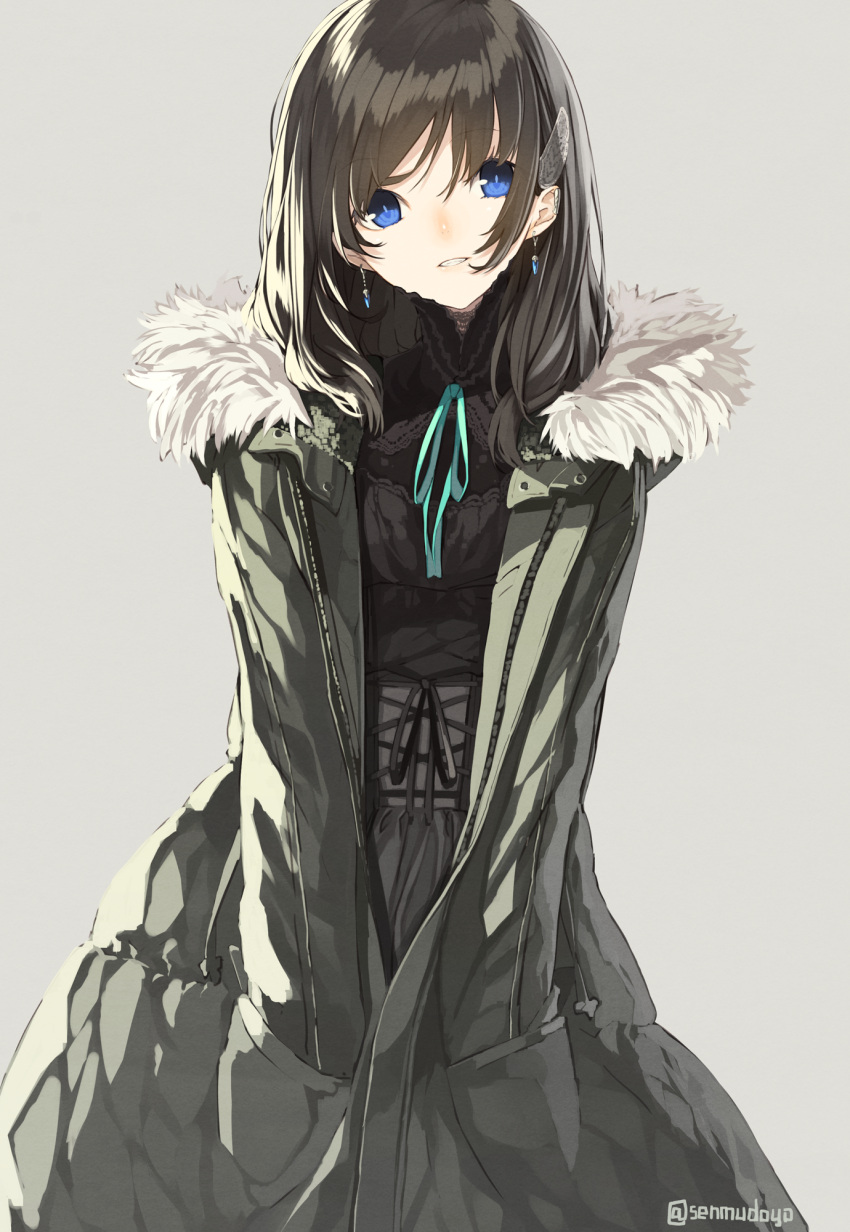 1girl, barrette, black_hair, blue_eyes, blush, coat, commentary_request, corset