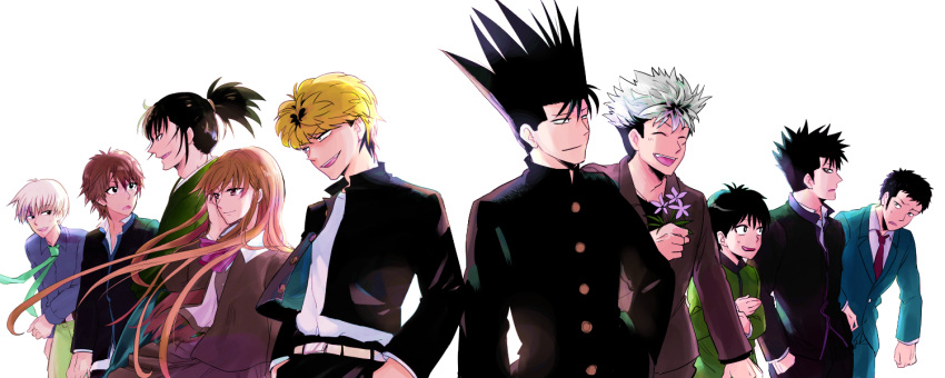 1girl, 6+boys, amatsuka_megumi, black_hair, blonde_hair, brown_eyes, brown_hair, doushirou_de_gozaru