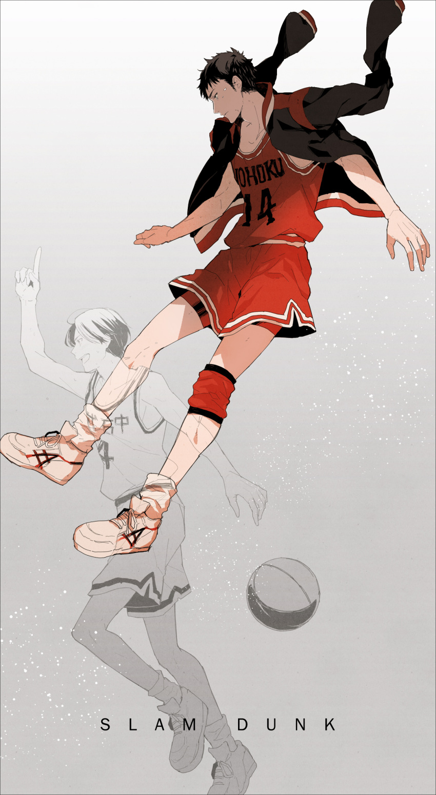 absurdres, age_comparison, basketball_uniform, black_hair, copyright_name, dual_persona, highres, jacket_on_shoulders