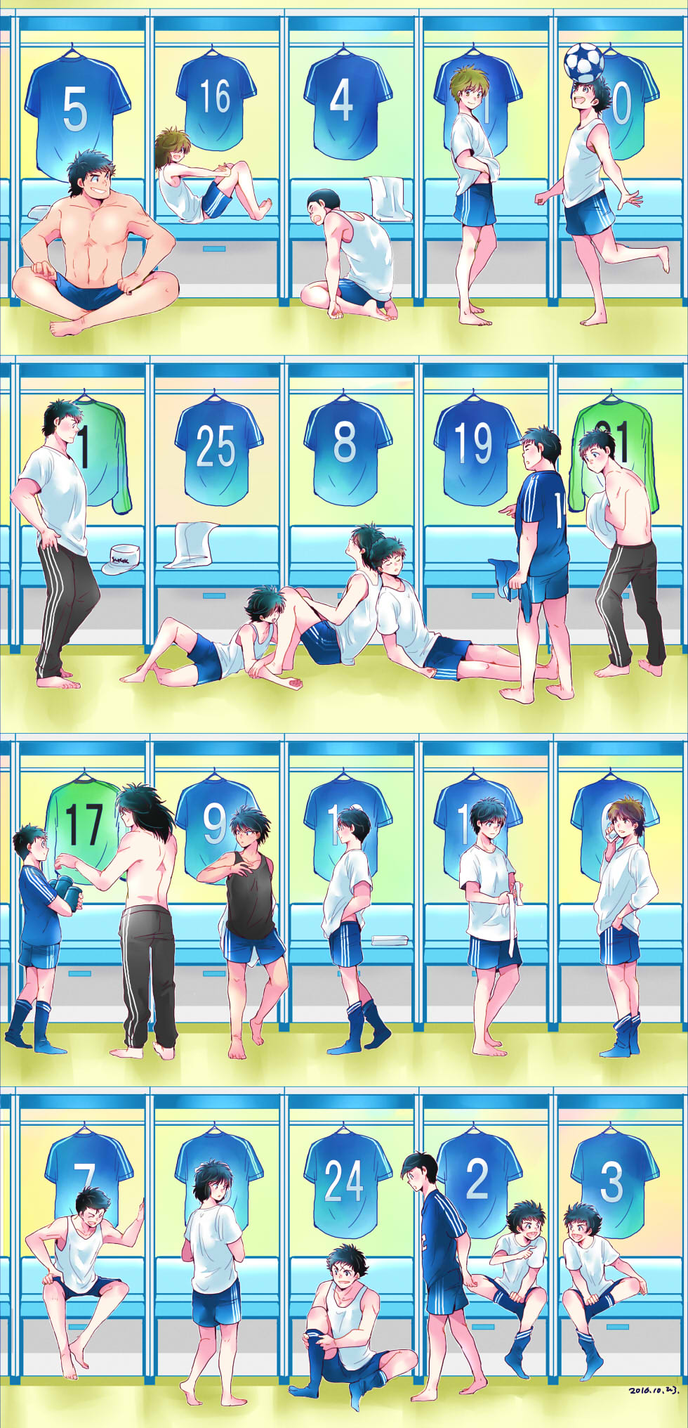 6+boys, abs, ball, barefoot, buzz_cut, captain_tsubasa, highres, hiro_(minorstar), hyuuga_kojirou, ishizaki_ryou, izawa_mamoru, jitou_hiroshi, kishida_takeshi, kisugi_teppei, long_hair, matsuyama_hikaru, misaki_tarou, misugi_jun, morisaki_yuuzou, multiple_boys, muscle, nitta_shun, oozora_tsubasa, pants, sano_mitsuru, sawada_takeshi, short_hair, shorts, sleeping, soccer, soccer_ball, soccer_uniform, socks, sorimachi_kazuki, souda_makoto, sportswear, tachibana_kazuo, tachibana_masao, takasugi_shingou, taki_hajime, topless, track_pants, urabe_hanji, wakabayashi_genzou, wakashimazu_ken