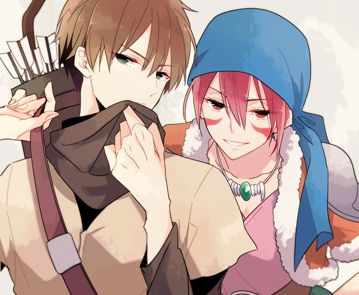 1boy, 1girl, alfreed_(arslan_senki), arrow, arslan_senki, bandana, brown_hair, elam