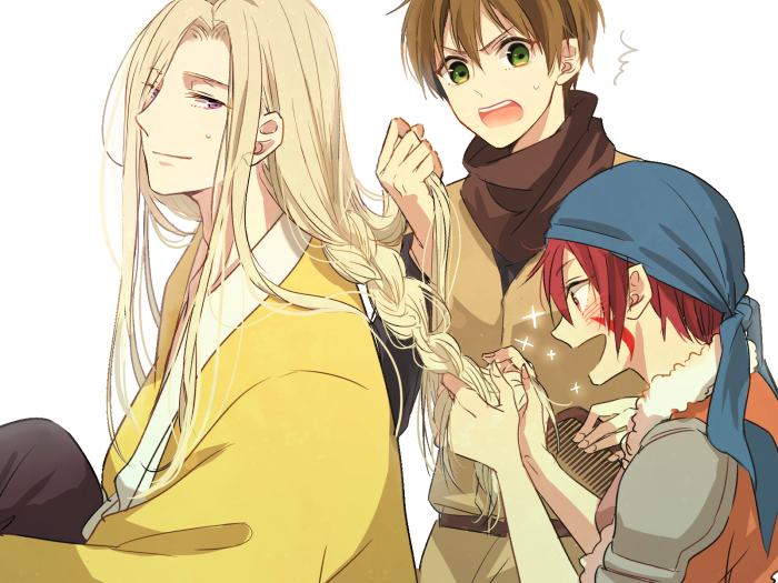 1girl, 2boys, alfreed_(arslan_senki), arslan_senki, bandana, blonde_hair, braid, braiding_hair