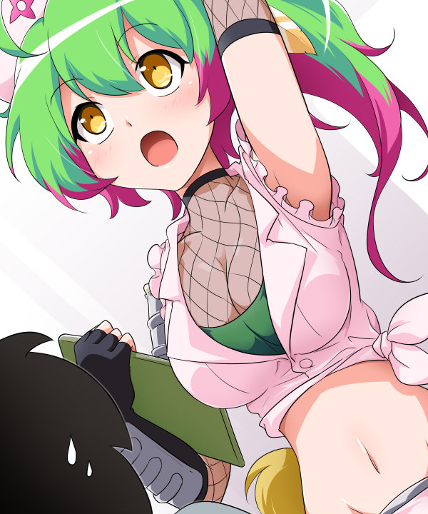 1girl, ahoge, arm_up, armpits, bioroid_hei, blush, breasts, buttons, clipboard, elbow_gloves, fingerless_gloves, fishnets, frills, fuuma_kotarou_(sengoku_collection), gloves, gradient_hair, green_hair, hair_between_eyes, long_hair, medium_breasts, midriff, multicolored_hair, navel, open_mouth, purple_hair, sengoku_collection, shuriken_print, side-tie_costume, sleeveless, two-tone_hair, yellow_eyes
