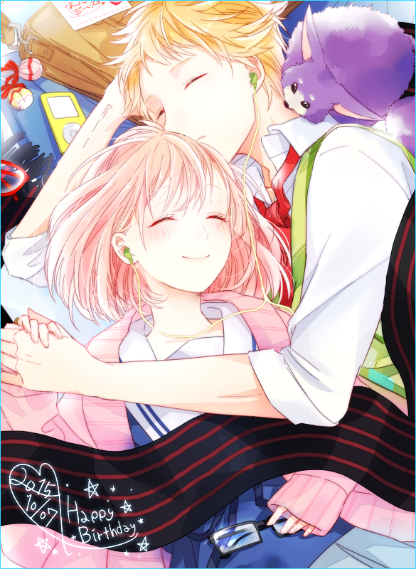 1boy, 1girl, bag, blonde_hair, blush, candy, closed_eyes, couple