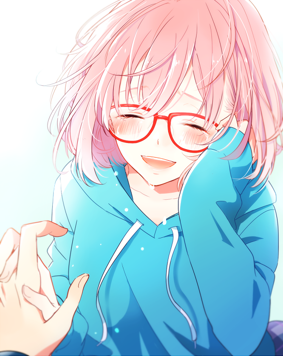 1girl, blush, closed_eyes, glasses, holding_hands, hood, hoodie, kuriyama_mirai