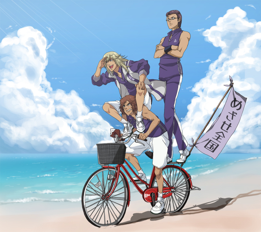 3boys, beach, bicycle, blonde_hair, brown_hair, glasses, ground_vehicle, hirakoba_rin, kai_yuujirou, kite_eishirou, multiple_boys, ocean, purple_hair, riding, shorts, sitting_on_shoulder, sky, sportswear, sweat, tan, tennis_no_ouji-sama, tennis_uniform, translated, z_aft138420