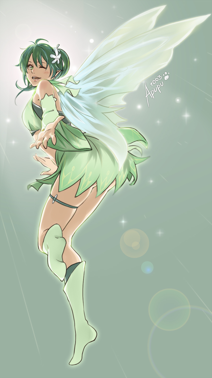 1girl, ass, bula, green_eyes, green_hair, highres, looking_back, one_eye_closed
