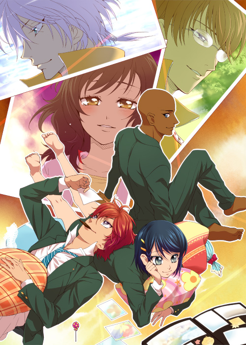 2girls, 4boys, bald, blue_eyes, blue_hair, brown_eyes, brown_hair, chikariya