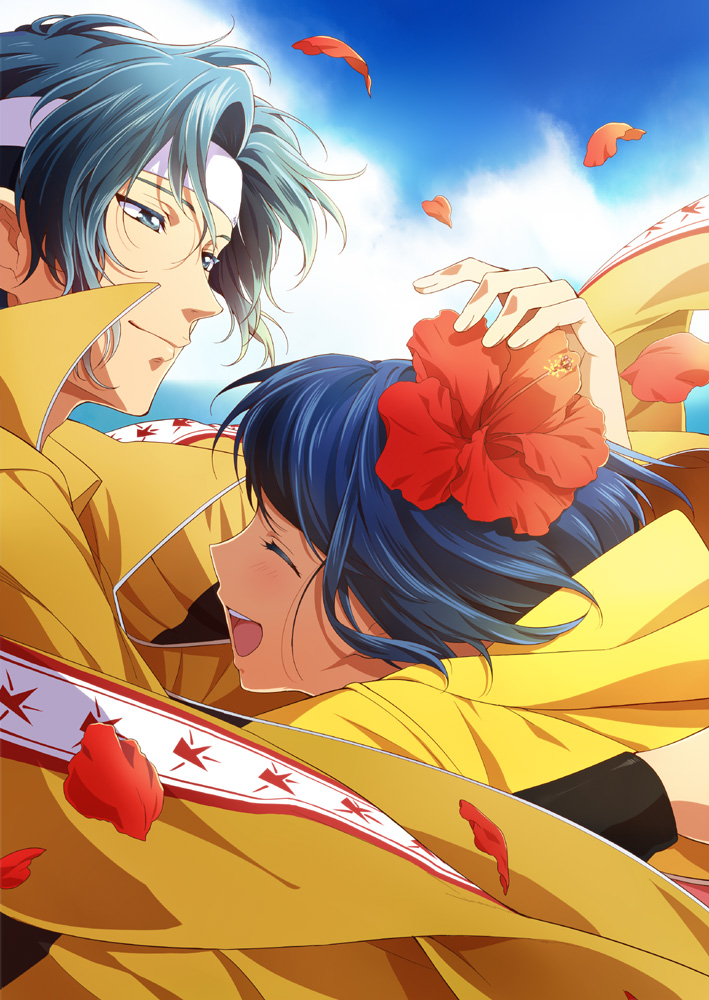 1boy, 1girl, blue_hair, chikariya, closed_eyes, couple, doki_doki_survival, flower