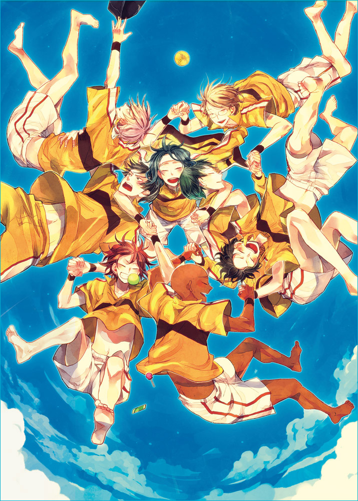 6+boys, ball, barefoot, black_hair, brown_hair, bubblegum, falling, group_hug