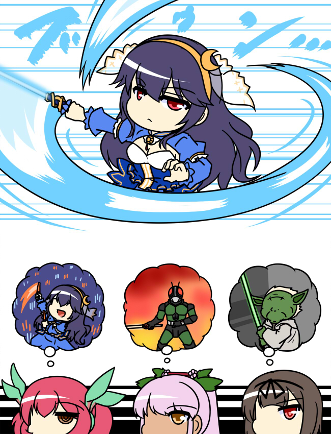 4girls, female, flower_knight_girl, fujibakama_(flower_knight_girl), hagi_(flower_knight_girl), kamen_rider, kamen_rider_black_rx, kamen_rider_black_rx_(series), long_hair, multiple_girls, parody, star_wars, sword, thinking, tsukitoji_(flower_knight_girl), tsuyukusa_(flower_knight_girl), urushi, weapon, yoda