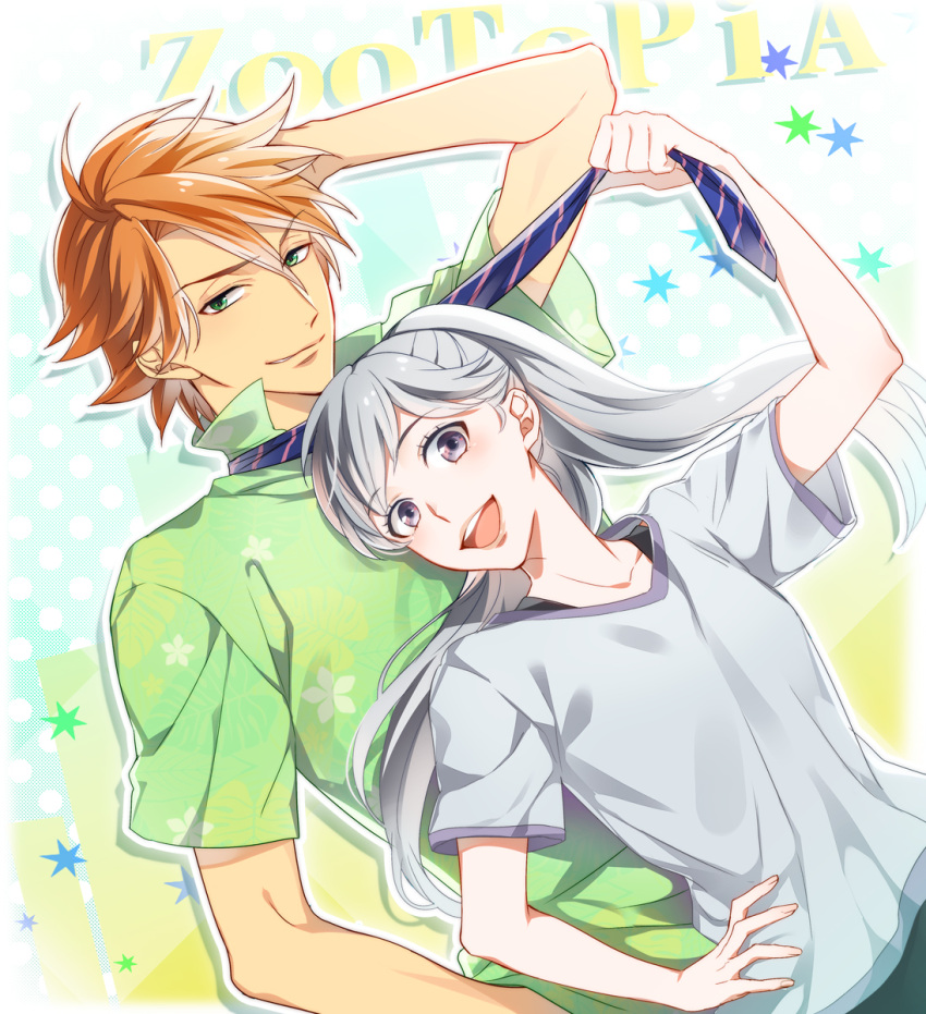 1boy, 1girl, disney, eri_(happpychamp), green_eyes, highres, judy_hopps, necktie, necktie_grab, neckwear_grab, nick_wilde, orange_hair, personification, shirt, silver_hair, violet_eyes, zootopia