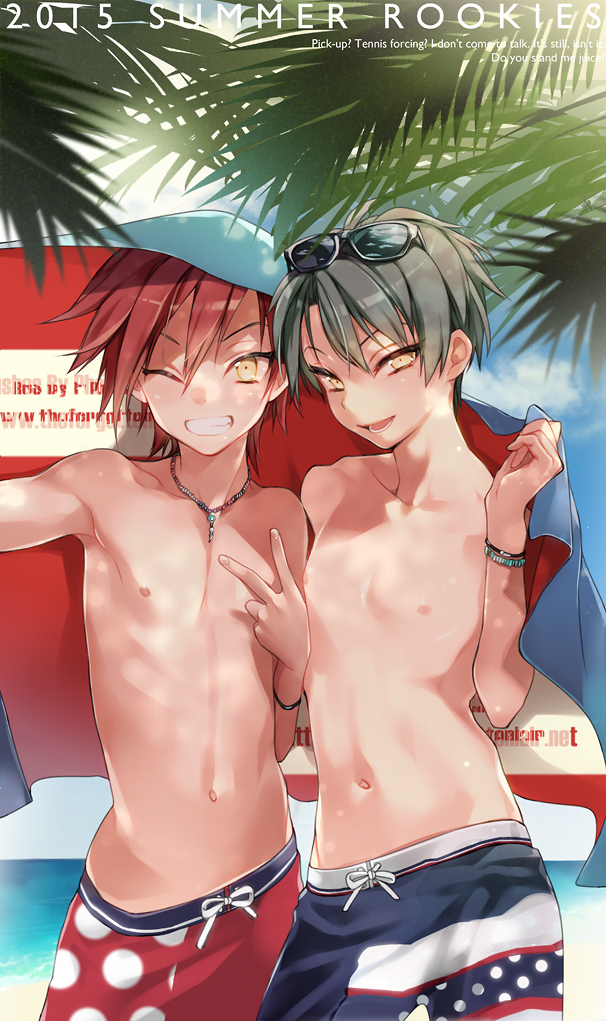 2boys, black_hair, echizen_ryooma, grin, multiple_boys, nipples, one_eye_closed, potti-p
