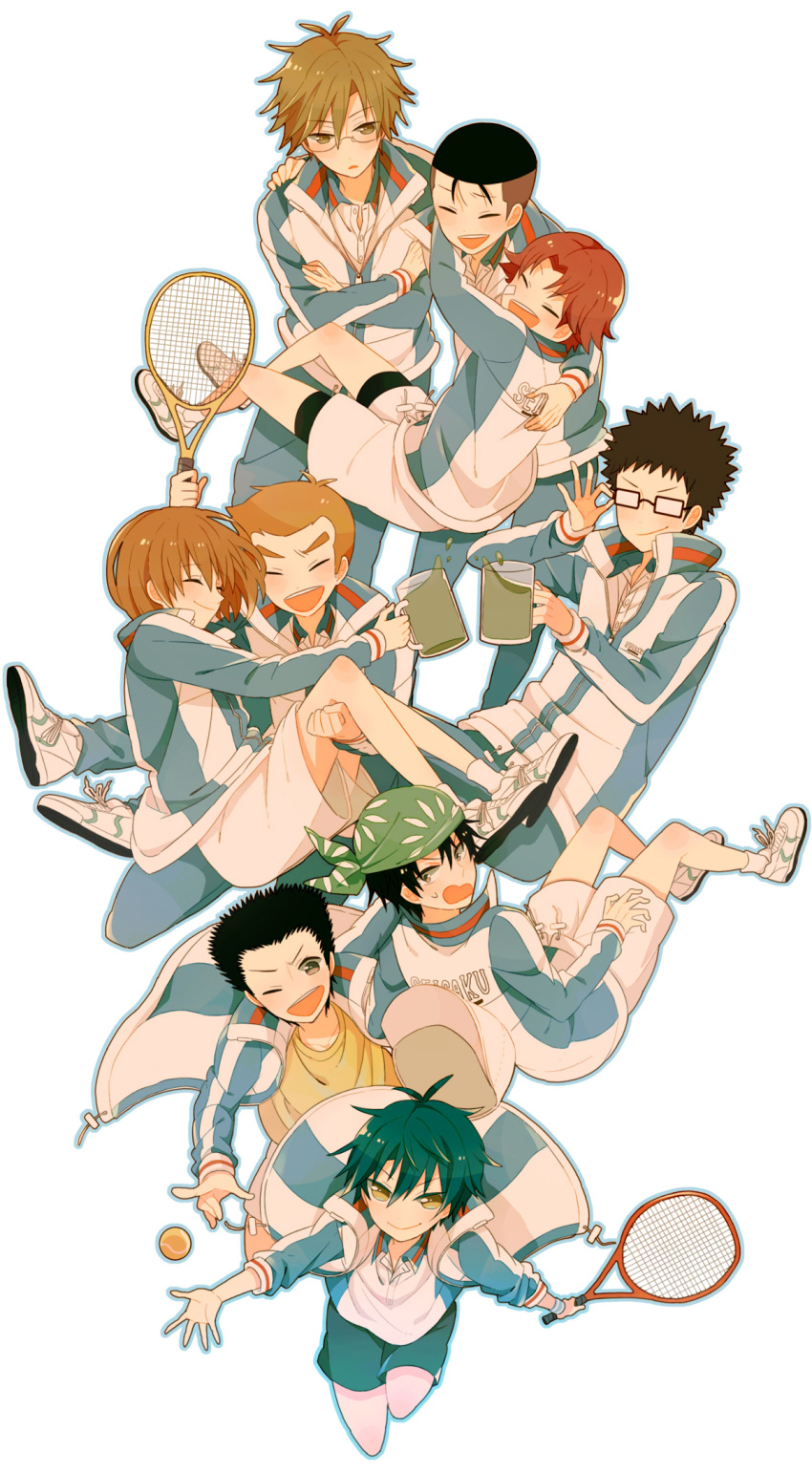 6+boys, bandana, black_hair, brown_eyes, brown_hair, closed_eyes, drink, echizen_ryooma