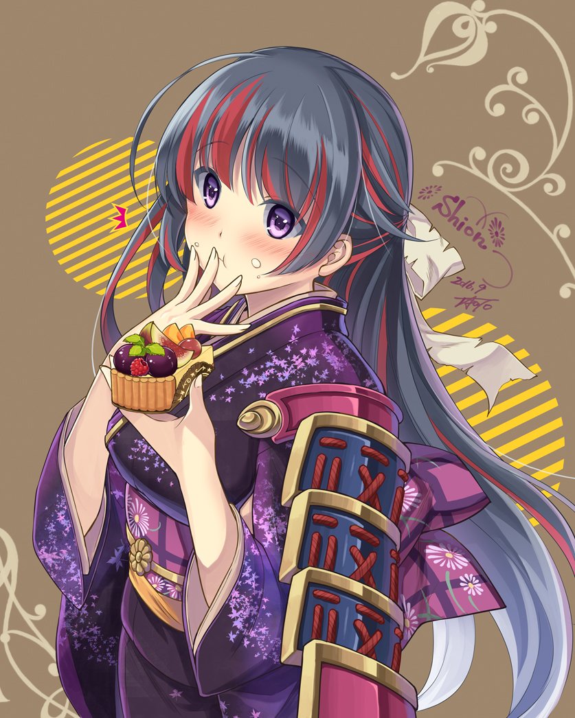 1girl, 2016, :t, armor, black_hair, blush, bow, character_name, city_forest_online, dated, eating, flower_knight_girl, food, food_on_face, fruit, hair_bow, half_updo, japanese_armor, japanese_clothes, long_hair, multicolored_hair, raspberry, redhead, shion_(flower_knight_girl), signature, sode, solo, streaked_hair, tart_(food), two-tone_hair, violet_eyes, white_bow