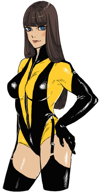 black_thighhighs, blue_eyes, bodysuit, brown_hair, dc_comics, elbow_gloves, garters, gloves