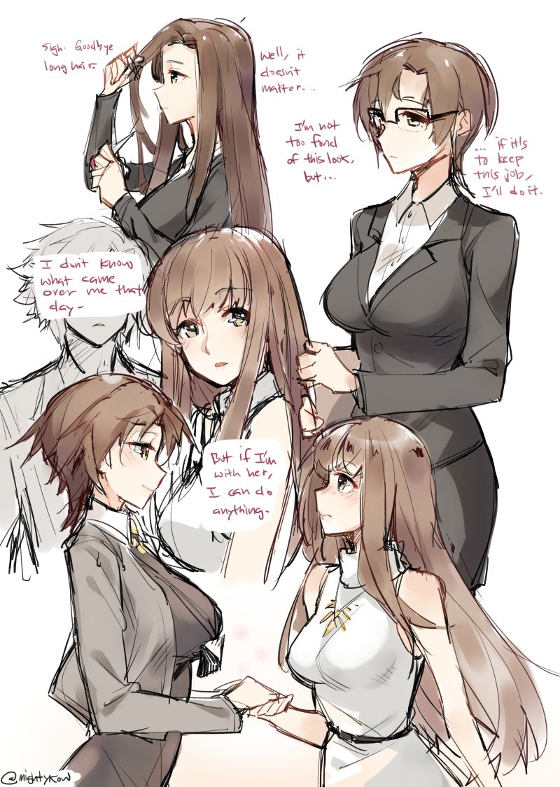 1boy, 2girls, blazer, breasts, brown_eyes, brown_hair, dress_shirt, formal