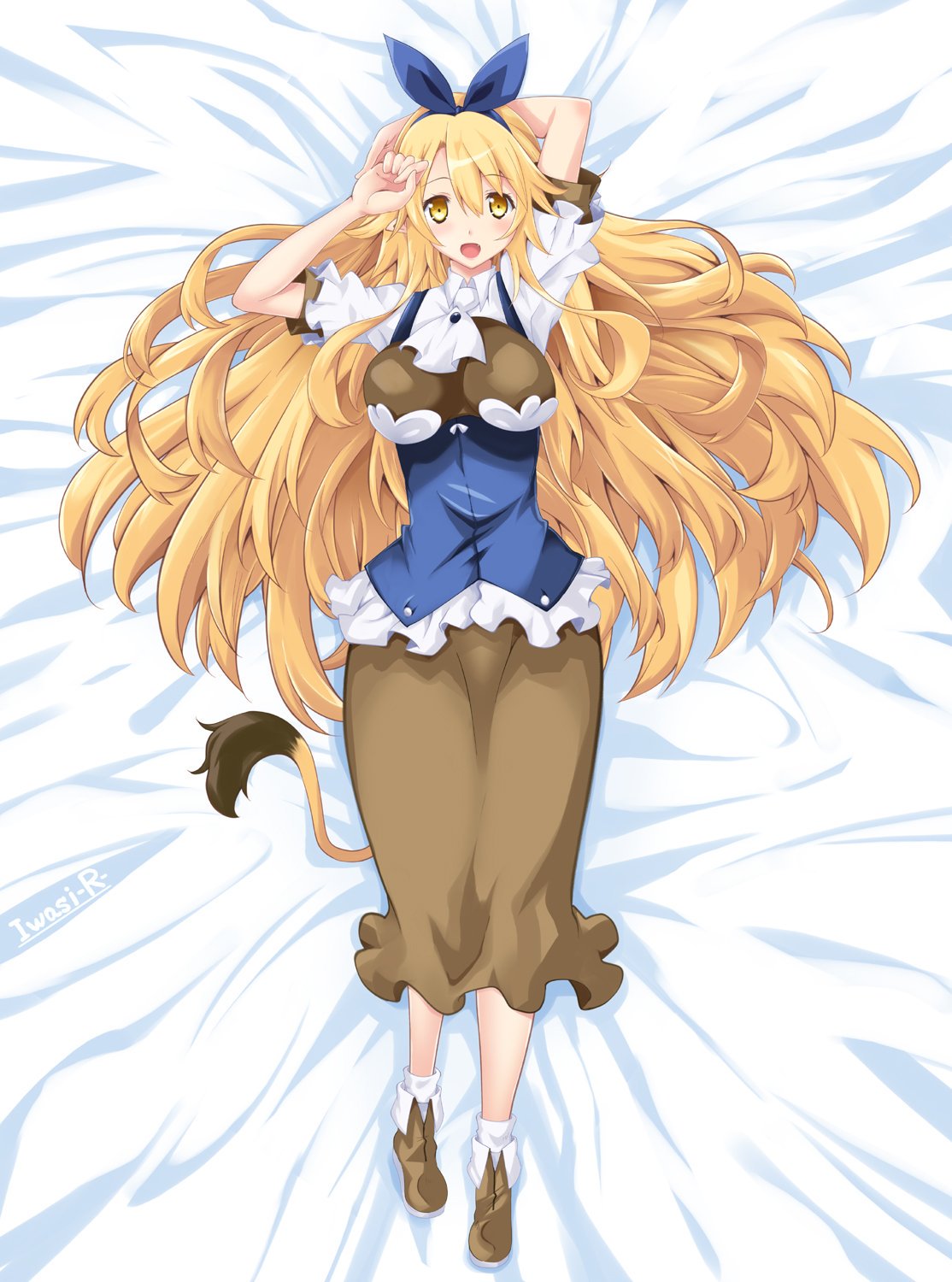 1girl, :d, artist_name, bed_sheet, blonde_hair, blue_bow, bow, breasts