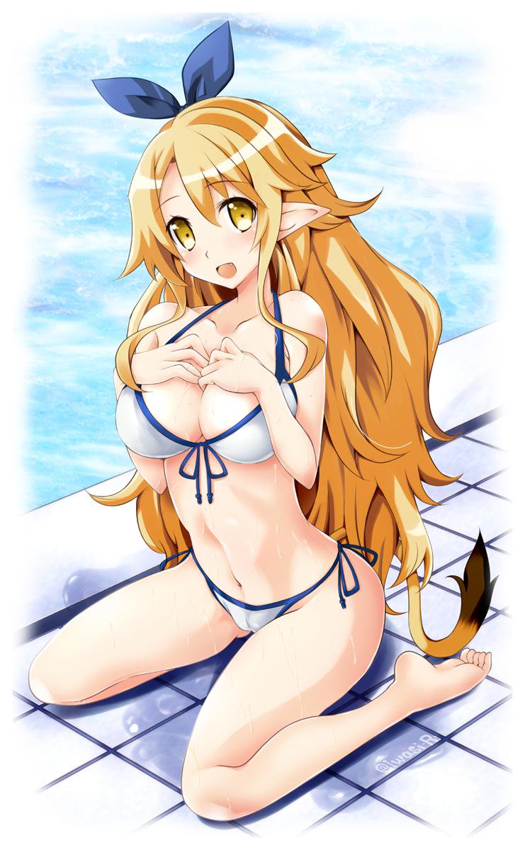 1girl, bikini, blonde_hair, blue_bow, bow, disgaea, front-tie_bikini, front-tie_top