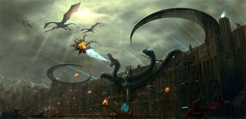akatsuhara_empire, army, battle, beam, catapult, cloud, clouds, dragon