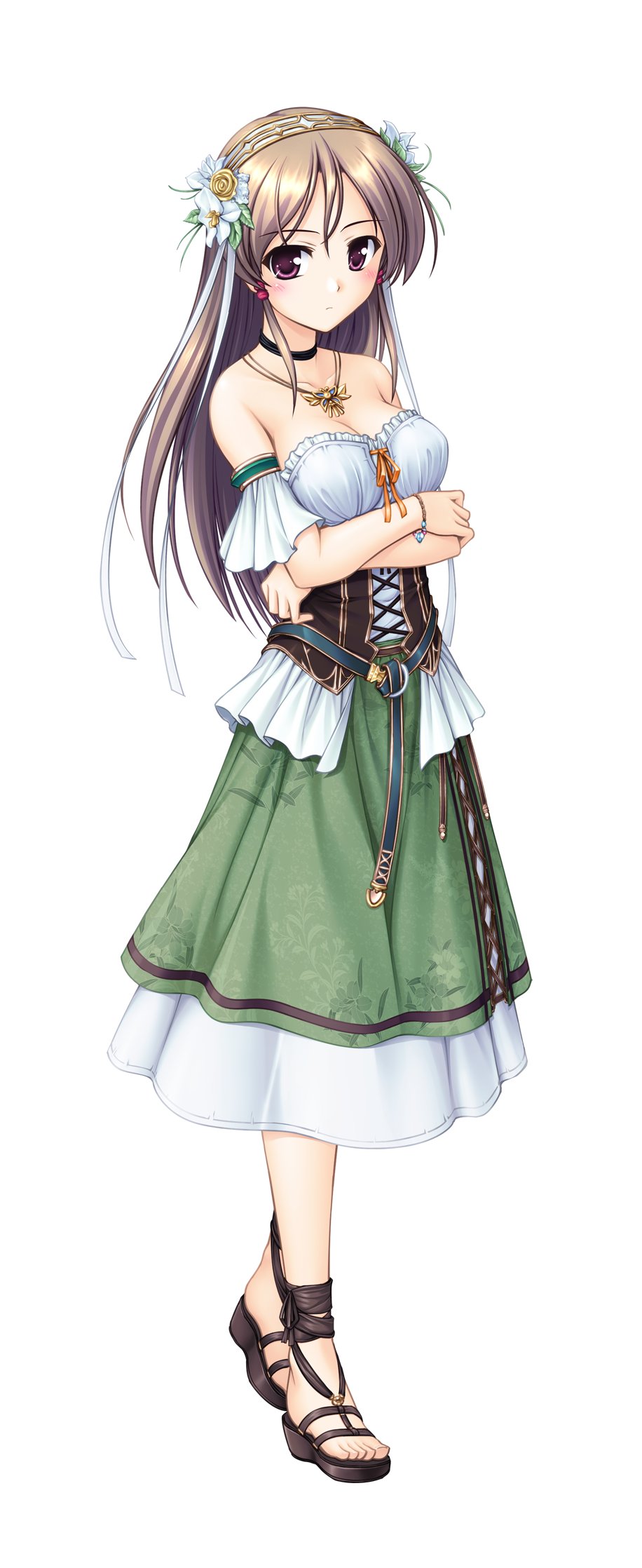 1girl, aiyoku_no_eustia, bekkankou, blouse, blush, breasts, brown_eyes, brown_hair, cleavage, collar, crossed_arms, dress, earrings, eris_floraria, floral_print, flower, full_body, hair_flower, hair_ornament, highres, jewelry, long_hair, looking_at_viewer, necklace, sandals, simple_background, solo, standing, white_background