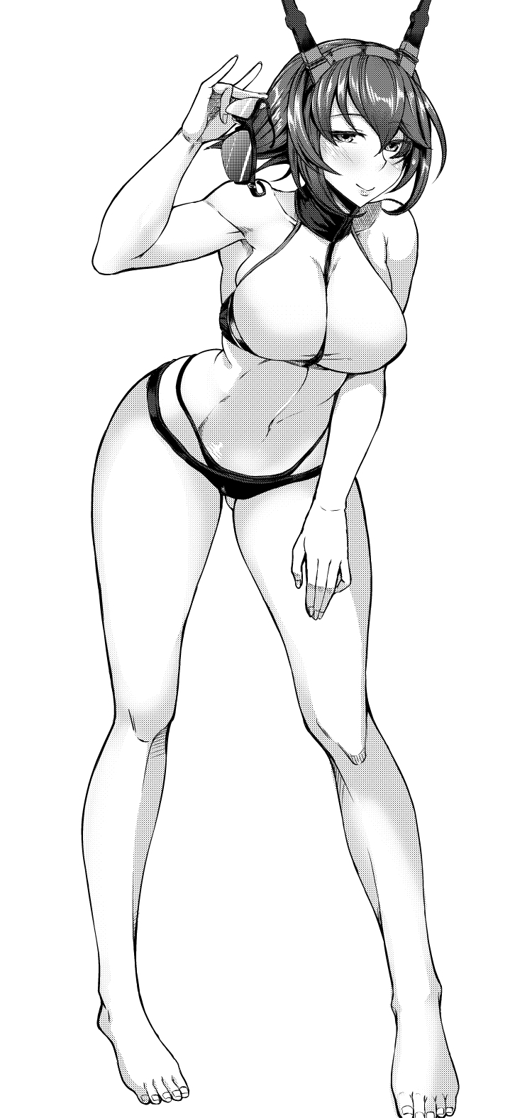 1girl, alternate_costume, bare_legs, bikini, breasts, commentary_request, eyebrows, eyebrows_visible_through_hair