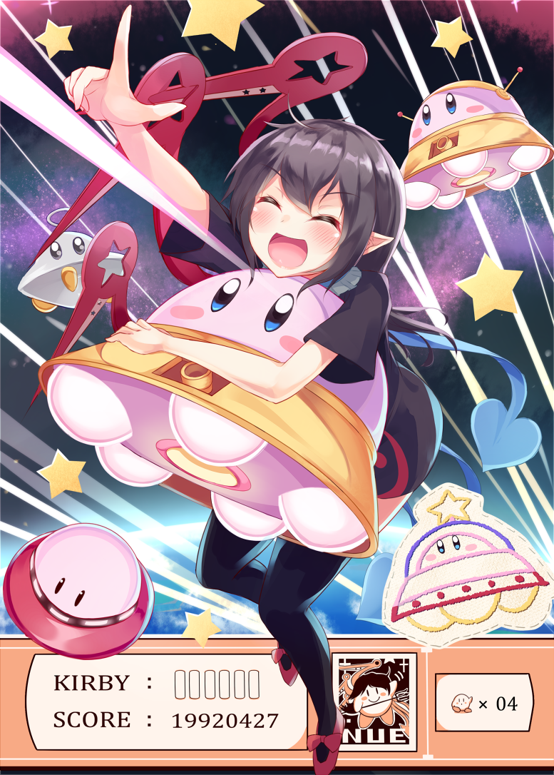 1girl, 2others, :d, ^_^, asymmetrical_wings, black_dress, black_hair, black_legwear