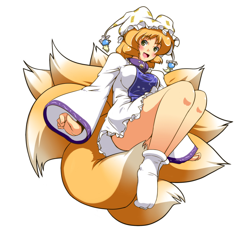 :d, bad_id, blonde_hair, fox_tail, hat, highres, legs, multiple_tails, open_mouth, short_dress, short_hair, smile, socks, suetsuki, suetsuki_nagomu, tail, touhou, transparent_background, yakumo_ran, yellow_eyes