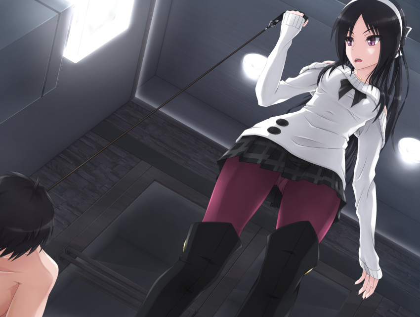 1boy, 1girl, bare_shoulders, bdsm, black_boots, black_hair, black_legwear, boots