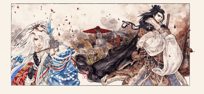 2boys, beard, black_gloves, black_hair, chinese_clothes, demetrio, facial_hair, fingerless_gloves