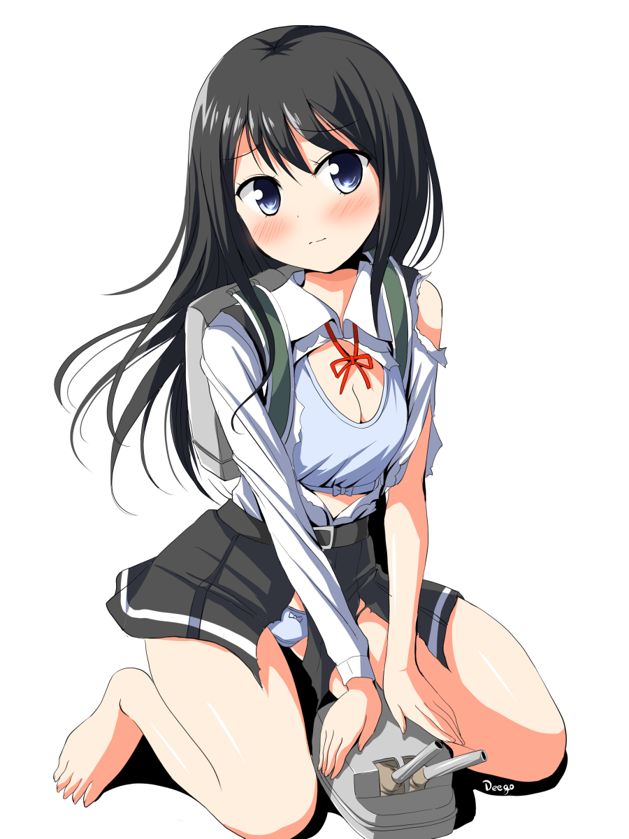 1girl, artist_name, asashio_(kantai_collection), backpack, bag, belt, black_hair, blue_eyes