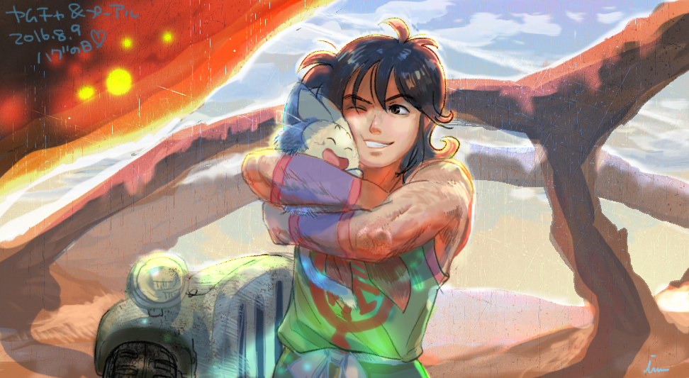 1boy, black_eyes, black_hair, closed_eyes, dated, dragon_ball, grin, hug