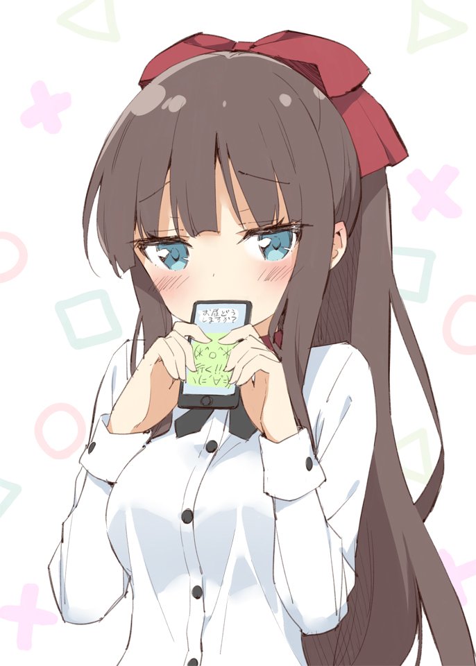 1girl, aqua_eyes, blush, bow, breasts, brown_hair, cellphone, covering_mouth