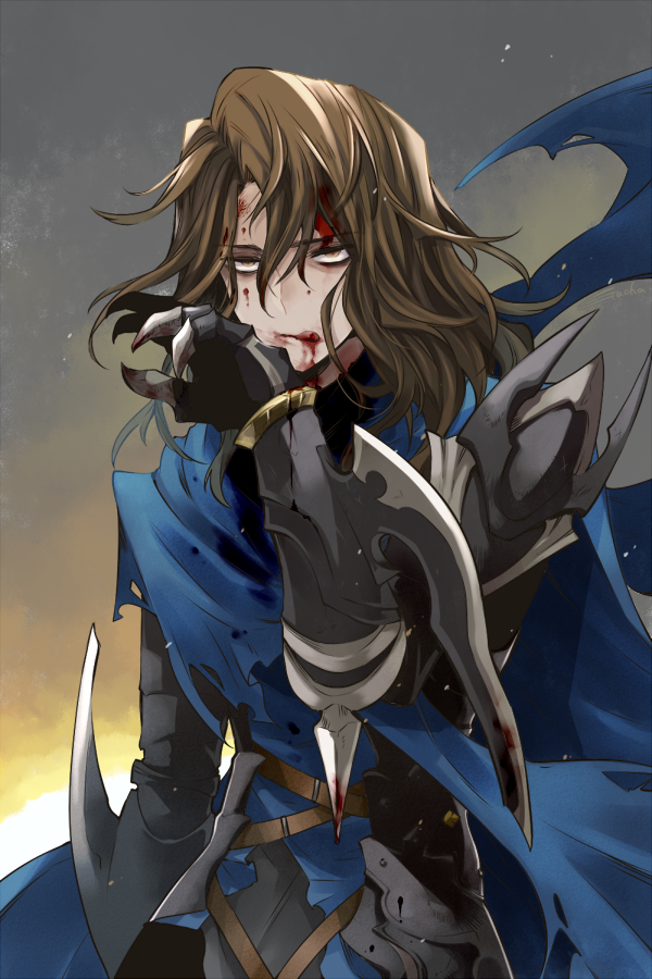 1boy, armor, blood, blood_on_face, brown_eyes, brown_hair, cape, eyebrows