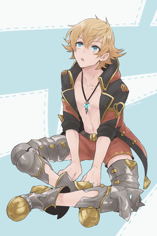1boy, armor, blonde_hair, blue_background, blue_eyes, boots, feather_(granblue_fantasy), flipped_hair