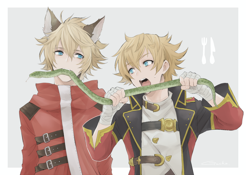 2boys, animal, animal_ears, bandages, blonde_hair, blue_background, blue_eyes, coat