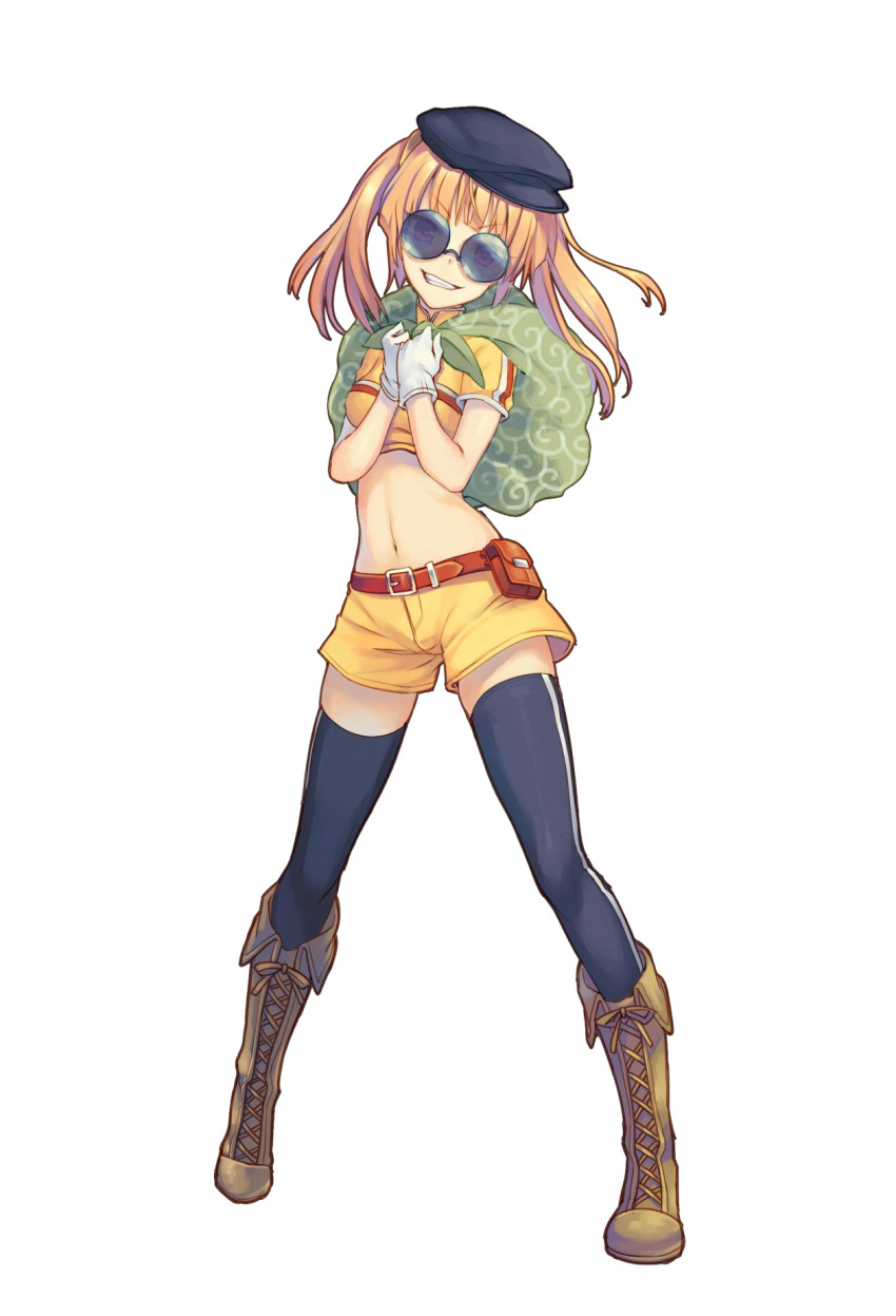 1girl, black_legwear, full_body, glasses, gloves, grin, hat, highres, kaitou_striker, long_hair, looking_at_viewer, midriff, mizutoumi_(graphic_loops), navel, official_art, round_glasses, short_sleeves, shorts, simple_background, smile, solo, sunglasses, thigh-highs, toys_drive, twintails, white_background, white_gloves
