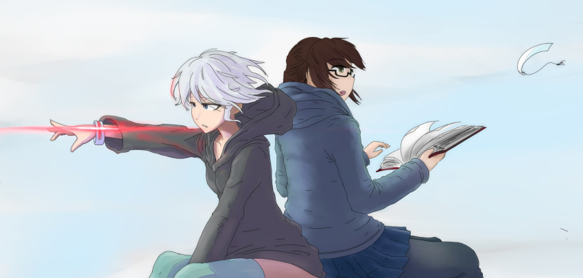 2girls, back-to-back, between_legs, black_legwear, book, bookmark, bracelet, brown_hair